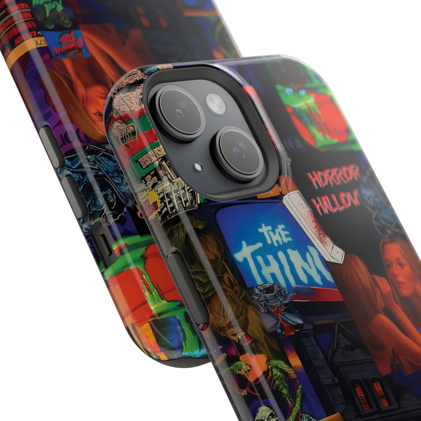 Neon Horror Pattern iPhone Case - Unique Horror Style, Full Protection, Durable Material, Sharp Print, Suitable for Halloween & Dark Style Fans, Stands Out With Haunted Icon, Mask, Impressive Glow
