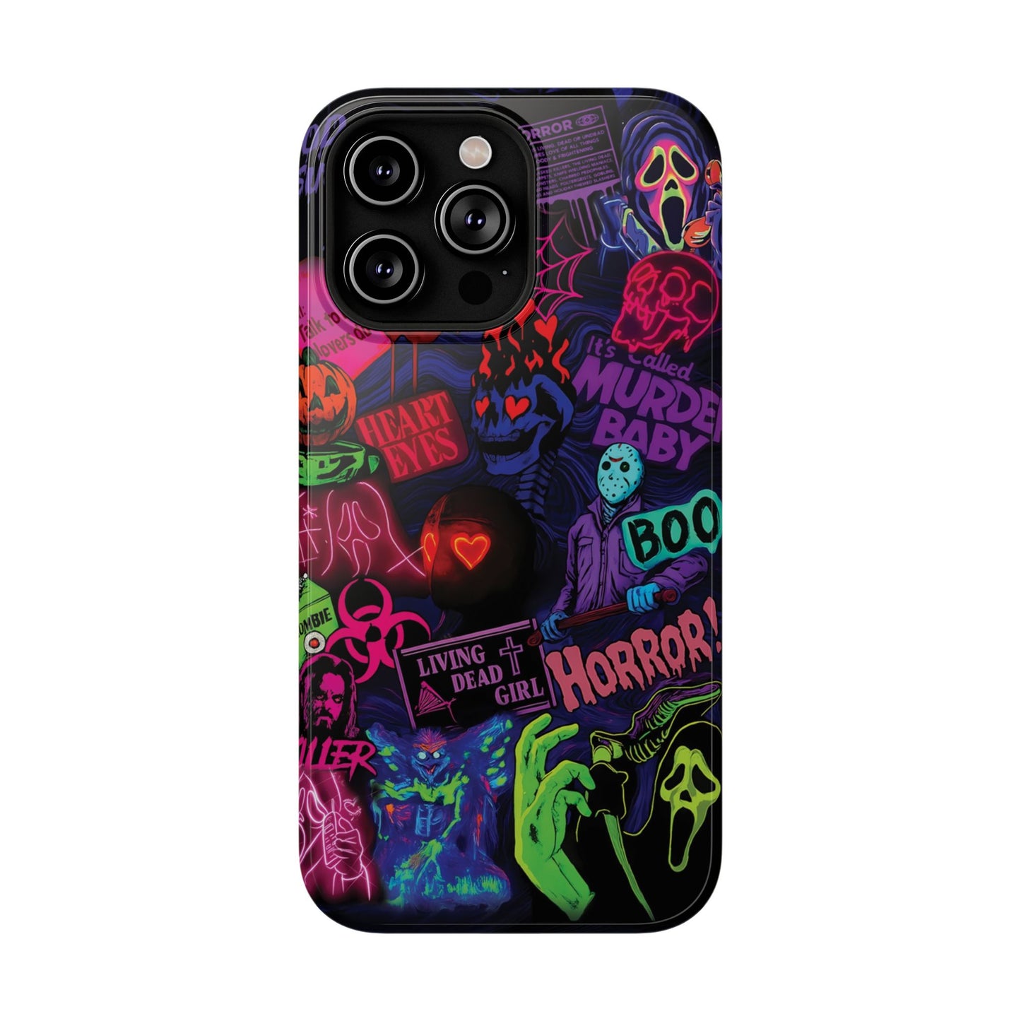 Neon Horror Pattern iPhone Case - Unique Horror Style, Full Protection, Durable Material, Sharp Print, Suitable for Halloween & Dark Style Fans, Stands Out With Haunted Icon, Mask, Impressive Glow