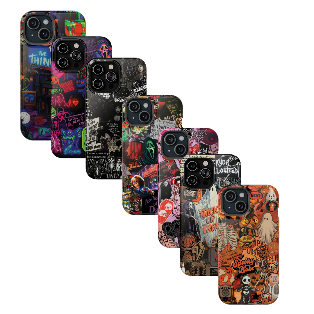 Neon Horror Pattern iPhone Case - Unique Horror Style, Full Protection, Durable Material, Sharp Print, Suitable for Halloween & Dark Style Fans, Stands Out With Haunted Icon, Mask, Impressive Glow