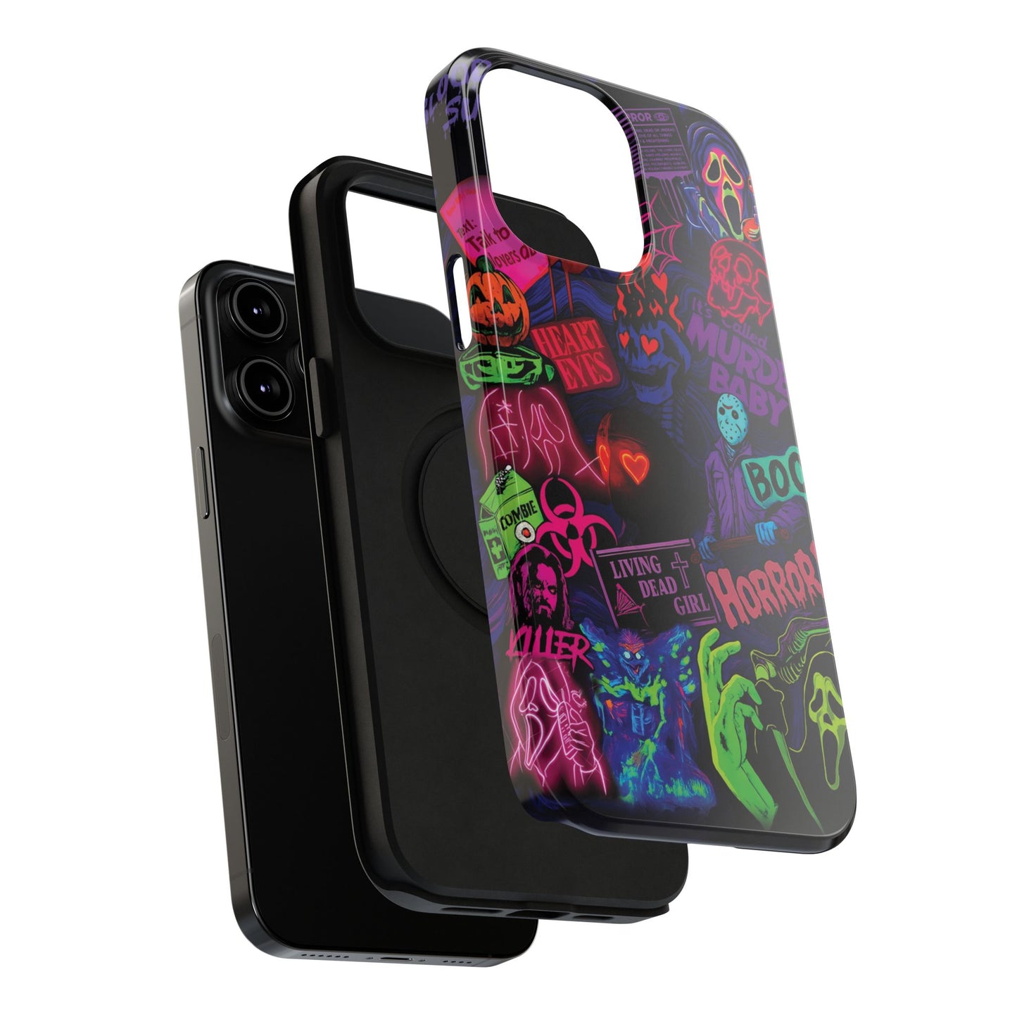 Neon Horror Pattern iPhone Case - Unique Horror Style, Full Protection, Durable Material, Sharp Print, Suitable for Halloween & Dark Style Fans, Stands Out With Haunted Icon, Mask, Impressive Glow