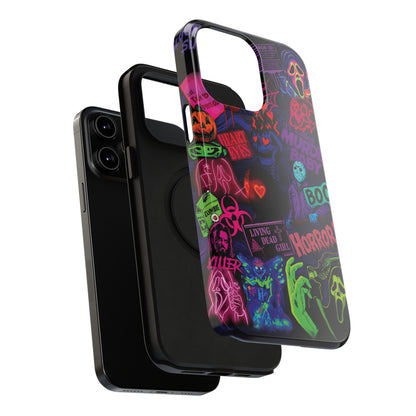 Neon Horror Pattern iPhone Case - Unique Horror Style, Full Protection, Durable Material, Sharp Print, Suitable for Halloween & Dark Style Fans, Stands Out With Haunted Icon, Mask, Impressive Glow