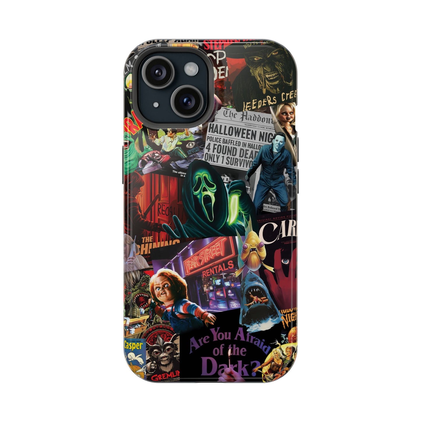 Neon Horror Pattern iPhone Case - Unique Horror Style, Full Protection, Durable Material, Sharp Print, Suitable for Halloween & Dark Style Fans, Stands Out With Haunted Icon, Mask, Impressive Glow