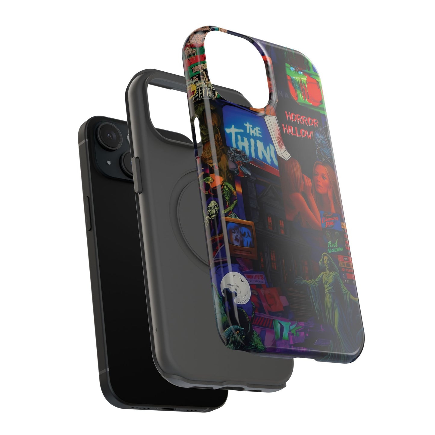 Neon Horror Pattern iPhone Case - Unique Horror Style, Full Protection, Durable Material, Sharp Print, Suitable for Halloween & Dark Style Fans, Stands Out With Haunted Icon, Mask, Impressive Glow
